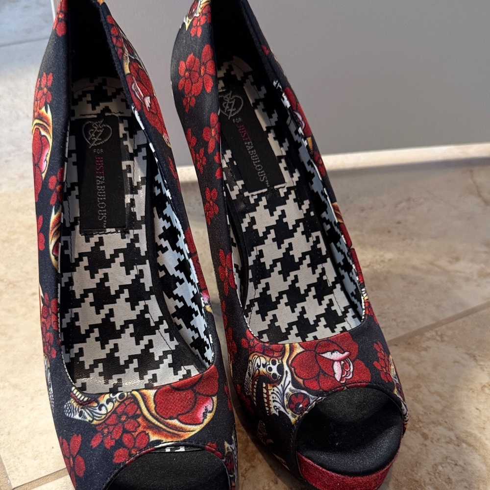 Bordello Black and Red Floral Peep Toe Heels